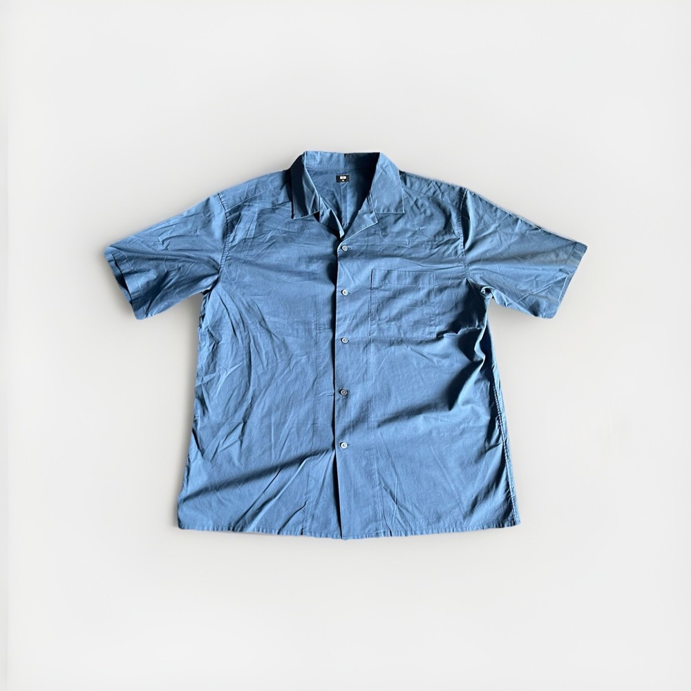 Men's Blue Short Sleeve Uniqlo Camp Collar Button Down Shirt Pocket Tee Large L