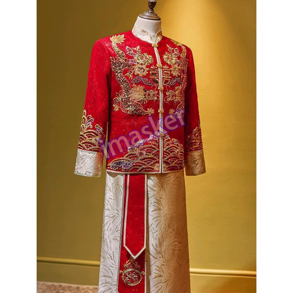 Wedding Chinese Style Mens Coat Set Embroidery Formal Dress Tang Suit Bridegroom