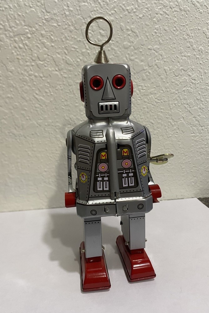 Retro 50s Style Wind Up Walking Space Robot 8” Metal Sparking Eyes w/ Box MS 403