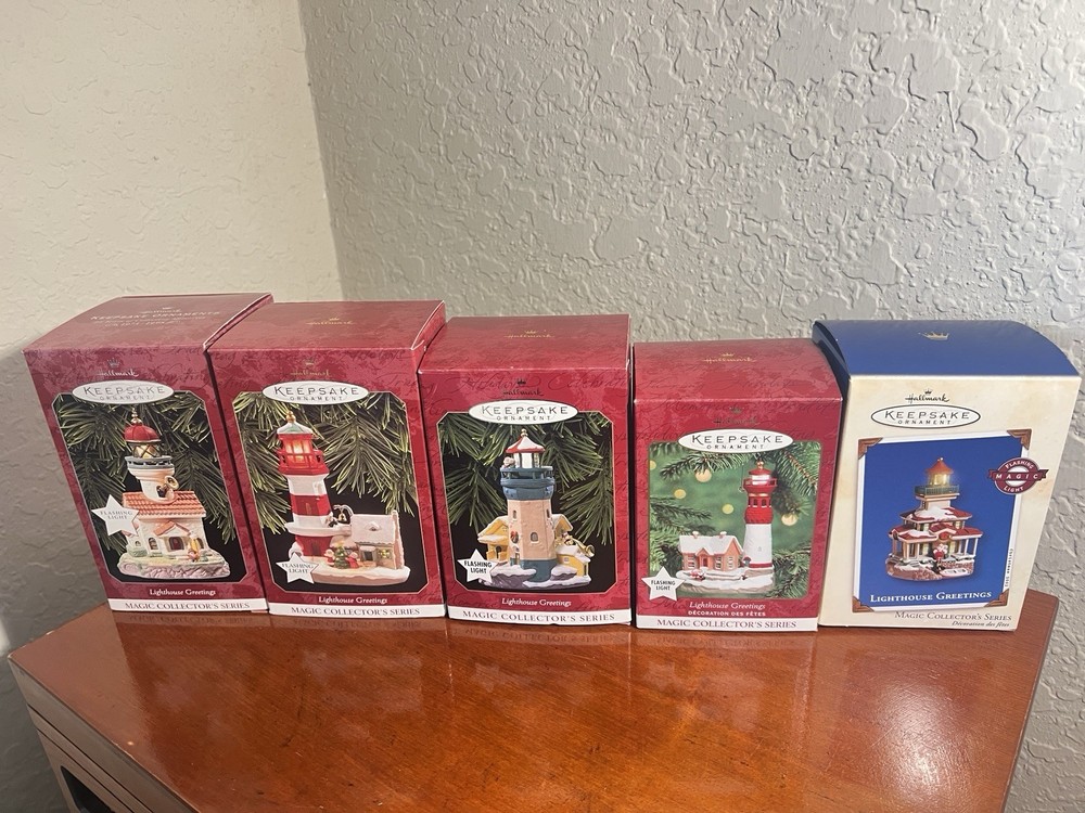 Hallmark Keepsake Lighthouse Greetings Ornaments Lot of 5 Flashing Light Magic