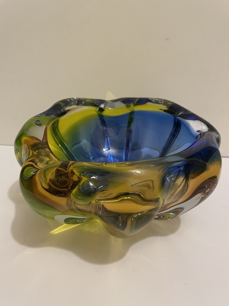 Vintage Heavy Murano Glass Bowl 7” Blue/Green/Amber Hand Blown