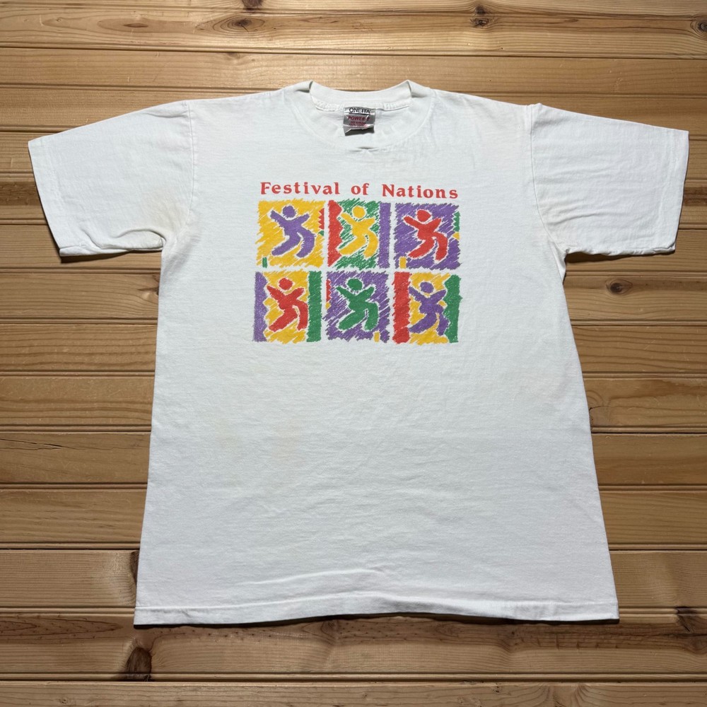 Vintage 90s Festival of Nations Abstract Art Colorful Graphic T-Shirt USA Large-image