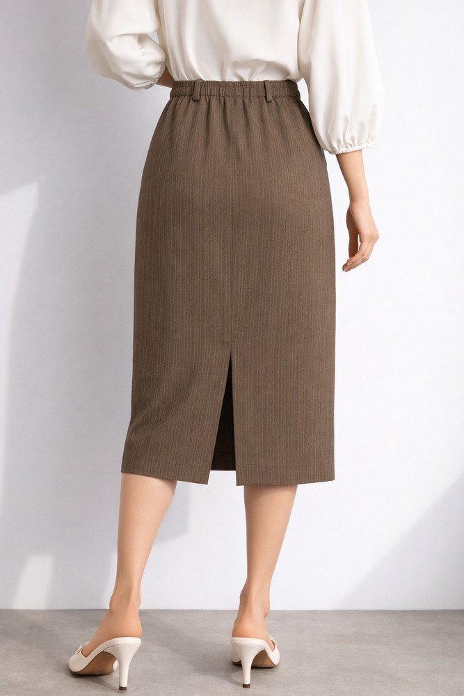 Alfred Dunner Womens Size 10 Brown Pinstripe Elastic Waist Midi Skirt Belt Loops