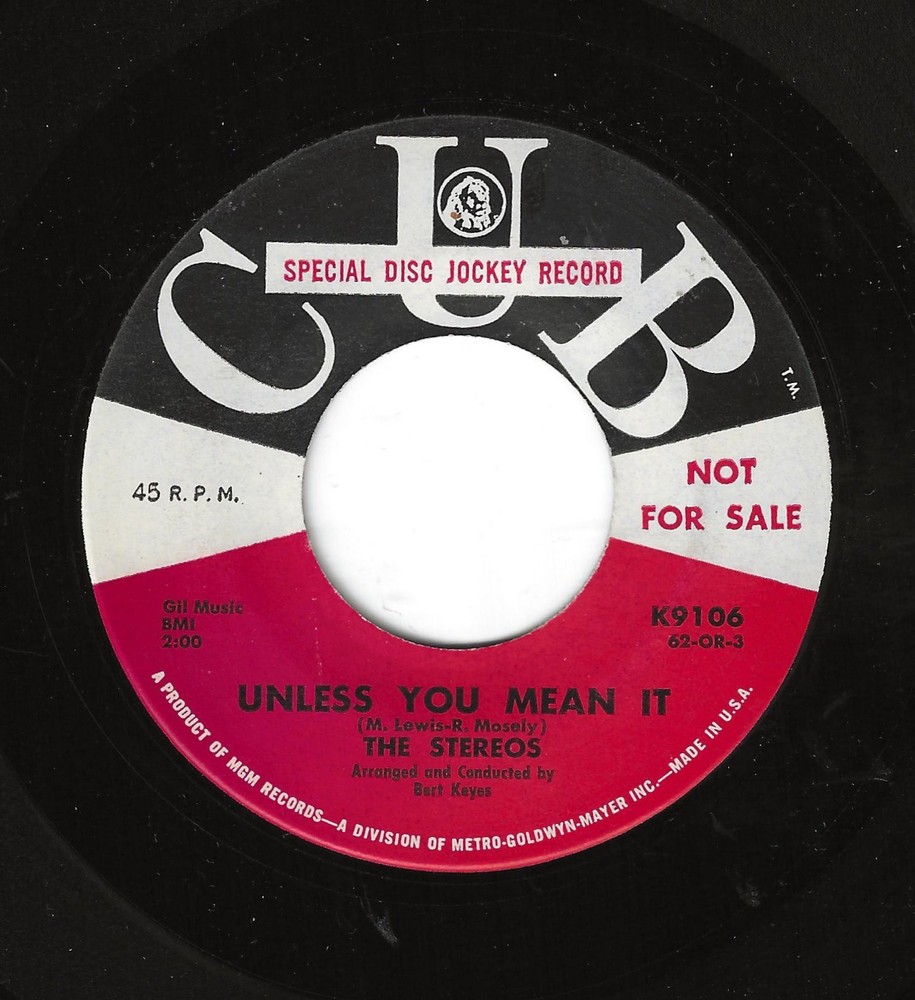 The Stereos 45Rpm '62 Cub Unless You Mean It Killer Doo Wop Vocal Promo M- Vinyl