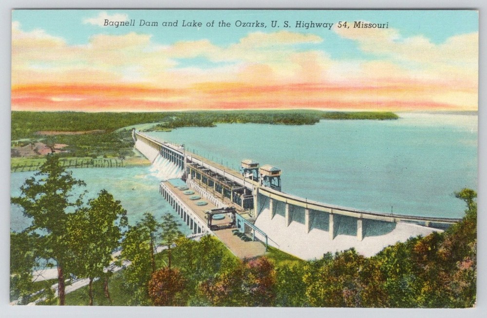 Bagnell Dam Lake of Ozarks MO Vintage Postcard C.T. American Art Linen 1930s
