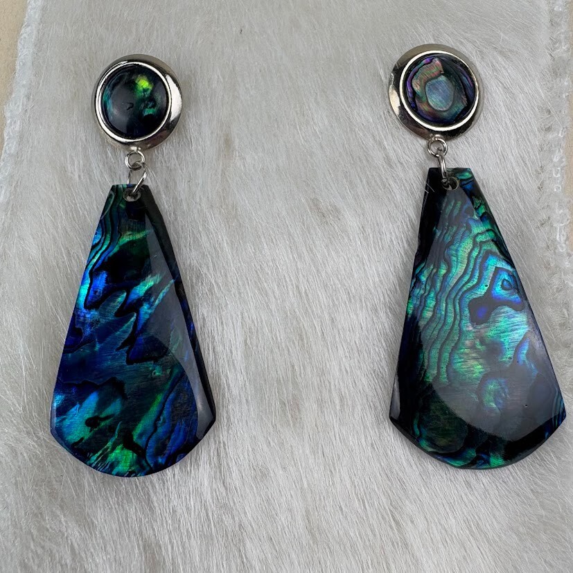 Vintage Abalone Shell Drop Earrings Silver Tone Posts Turquoise Green Blue Boho