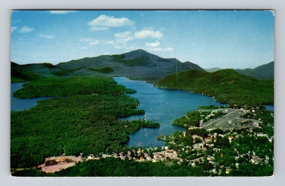 Lake Placid NY-New York, Aerial Signal Hill, Mirror Lake, Vintage Postcard