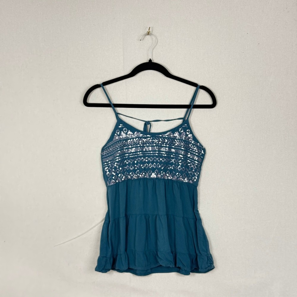 Tokyo Darling Teal Sequin Tiered Babydoll Camisole Top XS Silver Embellished