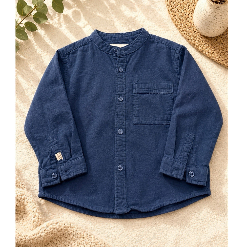 ZARA Blue Solid Cotton Band Collar Button-Up Shirt 3 Years Long Sleeve