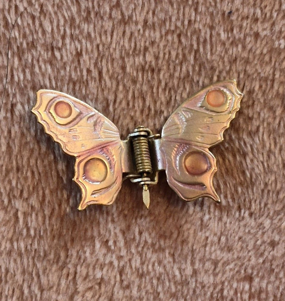 Vintage Embossed Metal Butterfly Dress Clip Hinged Pin Gold Tone Brooch