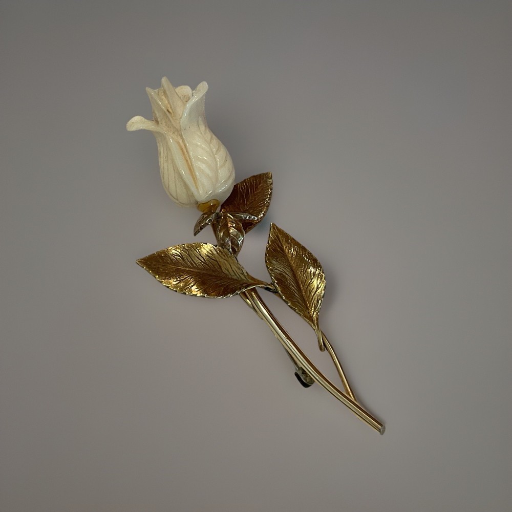 Vintage Signed Krementz Gold Tone Celluloid Rose Flower Brooch Pin