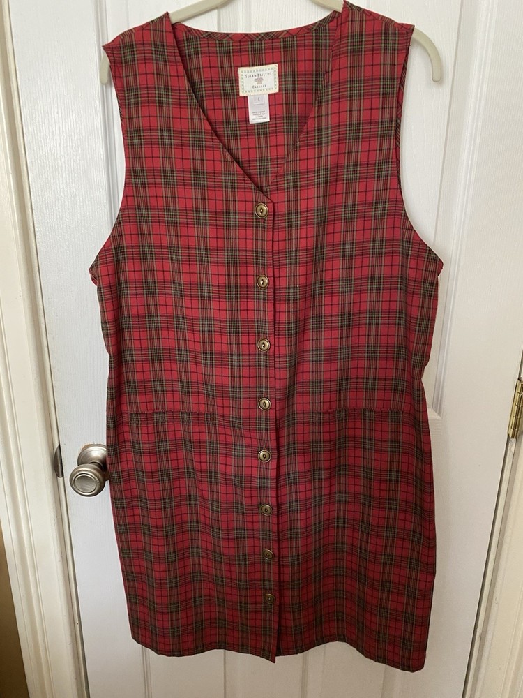 VTG Susan Bristol New Red Plaid Tartan Jumper Vest Dress Brass Buttons Pockets