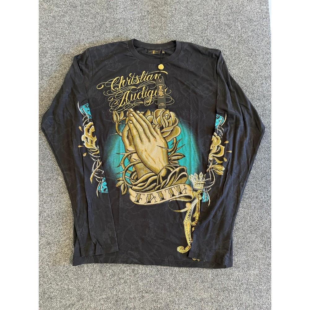 Christian Audigier Mens Long Sleeve T-Shirt Praying Hands Rhinestone Ed Hardy XL