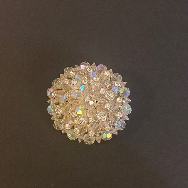 Vintage Aurora Borealis Crystal Beaded Round Brooch Pin