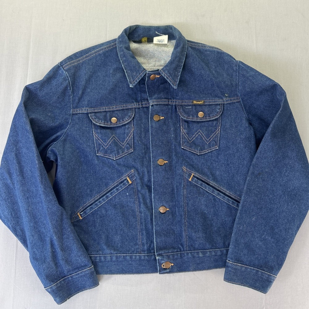 VTG Wrangler No-Fault Denims 14oz Trucker Jacket Made in USA Blue Sz 46 74126NV