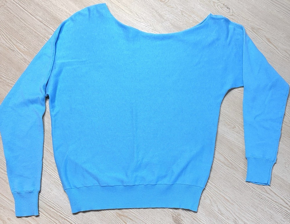Minnie Rose Cotton Cashmere Sweater XS Blue Asymmetrical Neck Lightweight Knit