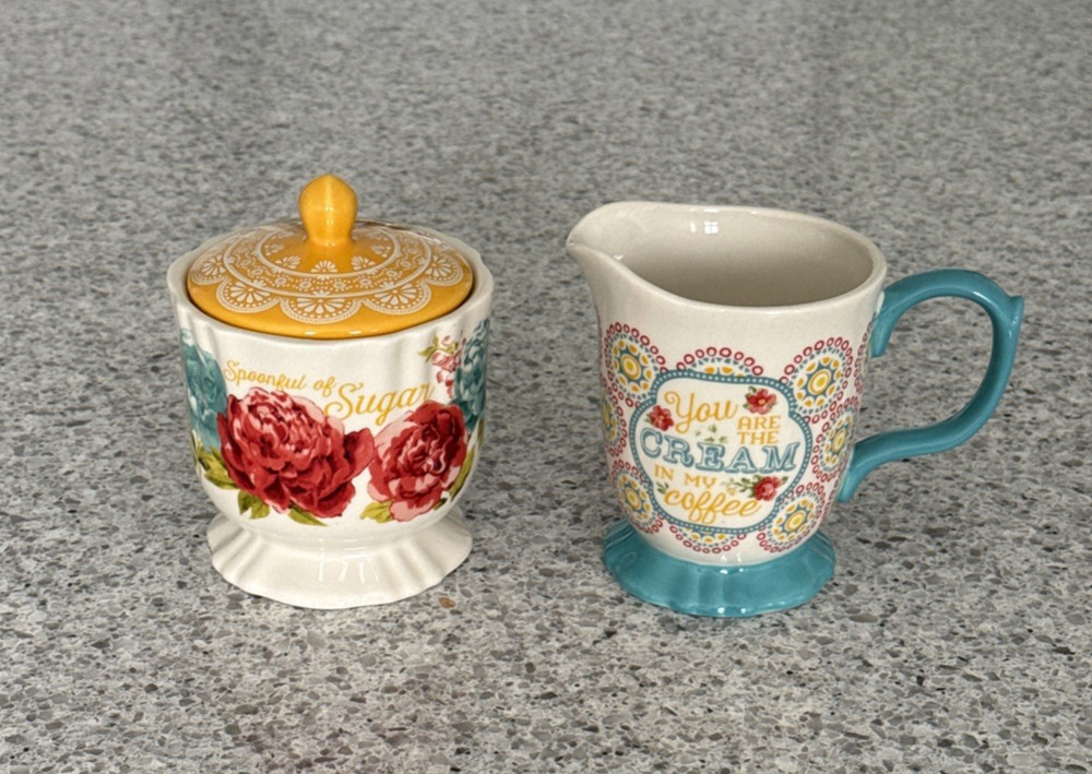 Pioneer Woman Blossom Jubilee Creamer Sugar Pot and Lid Set Floral Stoneware
