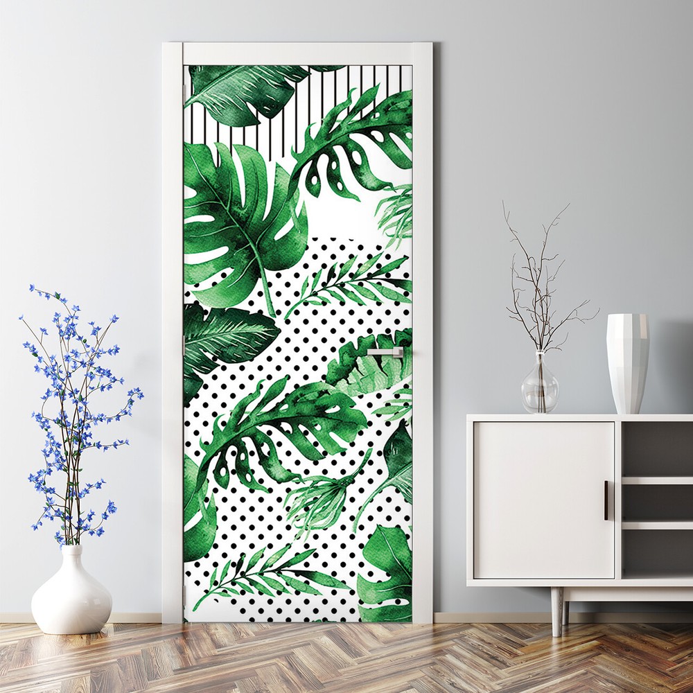Green Leaves Dots and Stripes Pattern Bubble Free Door sticker Easy stick Decal
