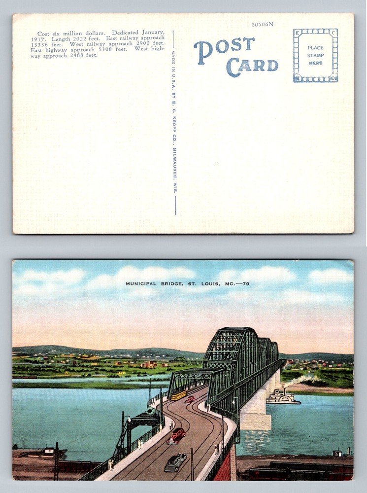St Louis, MO-Missouri, Municipal Bridge Over Mississippi River Vintage Postcard