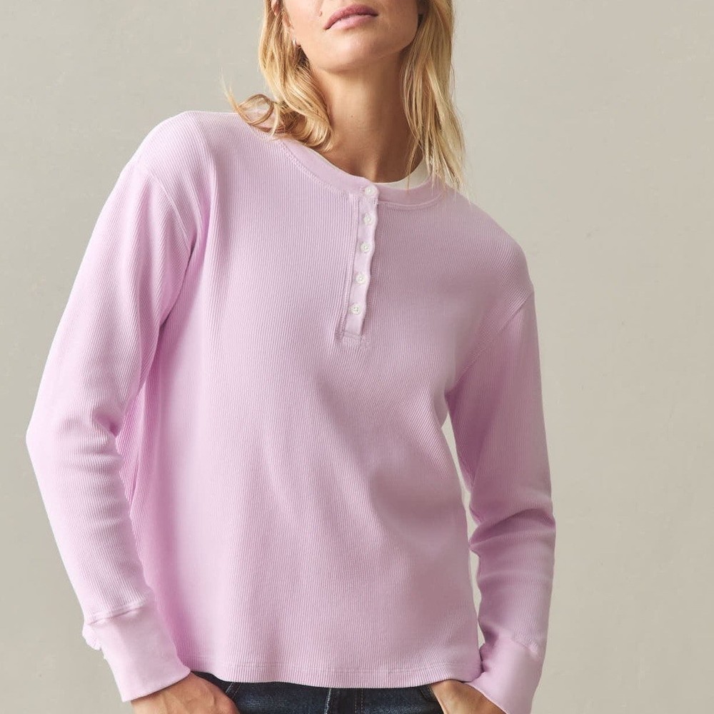American Giant Thermal T-Shirt Womens L Pink Cotton Stretch Waffle Henley Neck