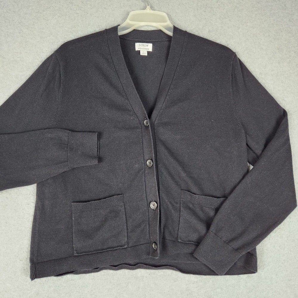 J.Crew Cardigan Sweater Womens Large Black Knit Cashmere Classic Button Front
