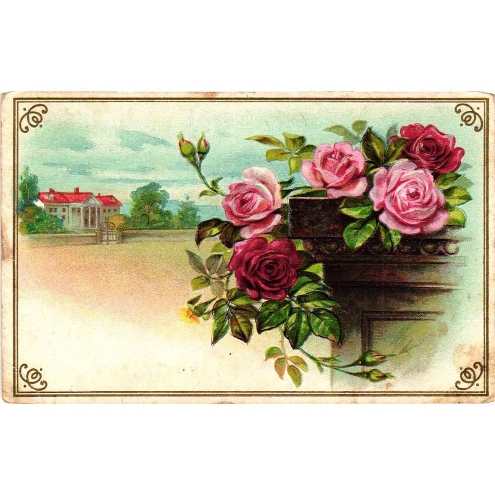 Antique 1911 Embossed Postcard Pink Red Roses White Mansion New Hampshire NH 156