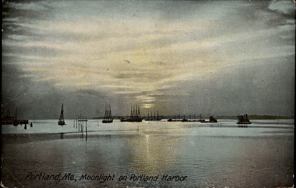 Sailing Ships  Moonlight on Harbor  Portland Maine ~ c1905 UDB Leighton postcard