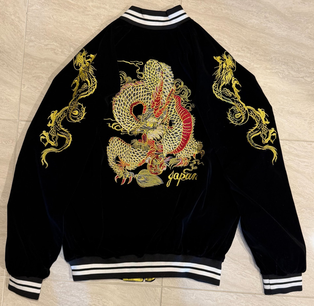 Sukajan Jacket Dragon Embroidery Black Velour XL Japan Souvenir Rare