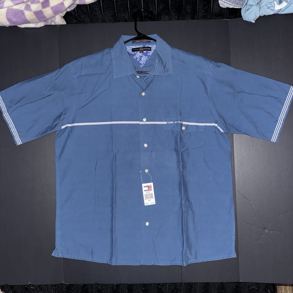 NWT Men's XL Tommy Hilfiger Cotton Blue Solid Short Sleeve Button-Up Shirt