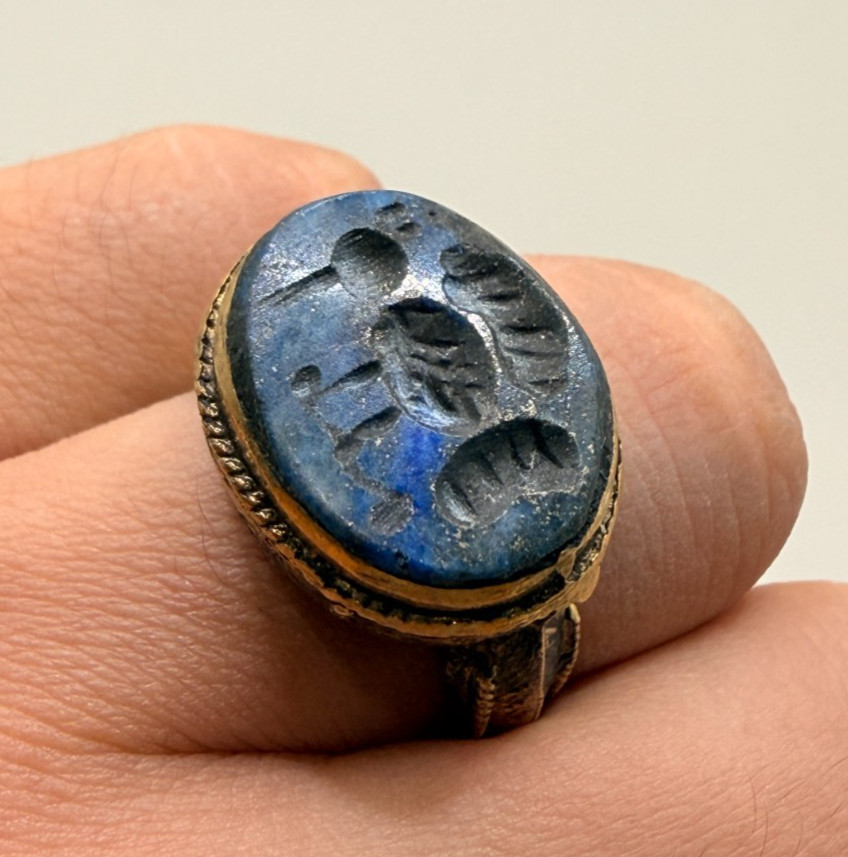 Ancient Bronze Ring With Lapis Lazuli Intaglio Stone Near Eastern Bird Engraved