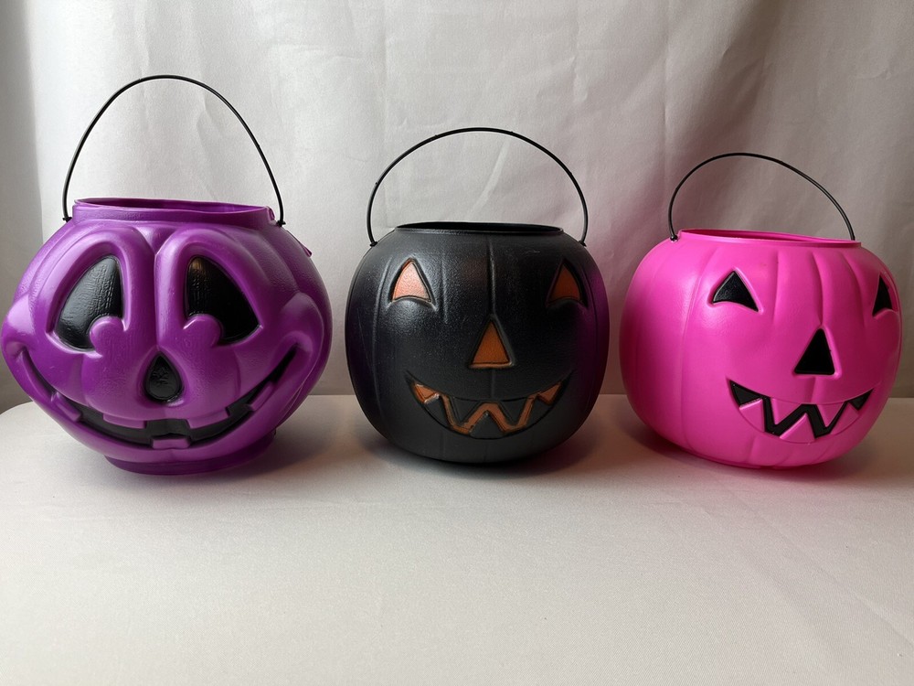Vintage General Foam Halloween Pumpkin Buckets in Purple Black and Pink Blow Mold Style