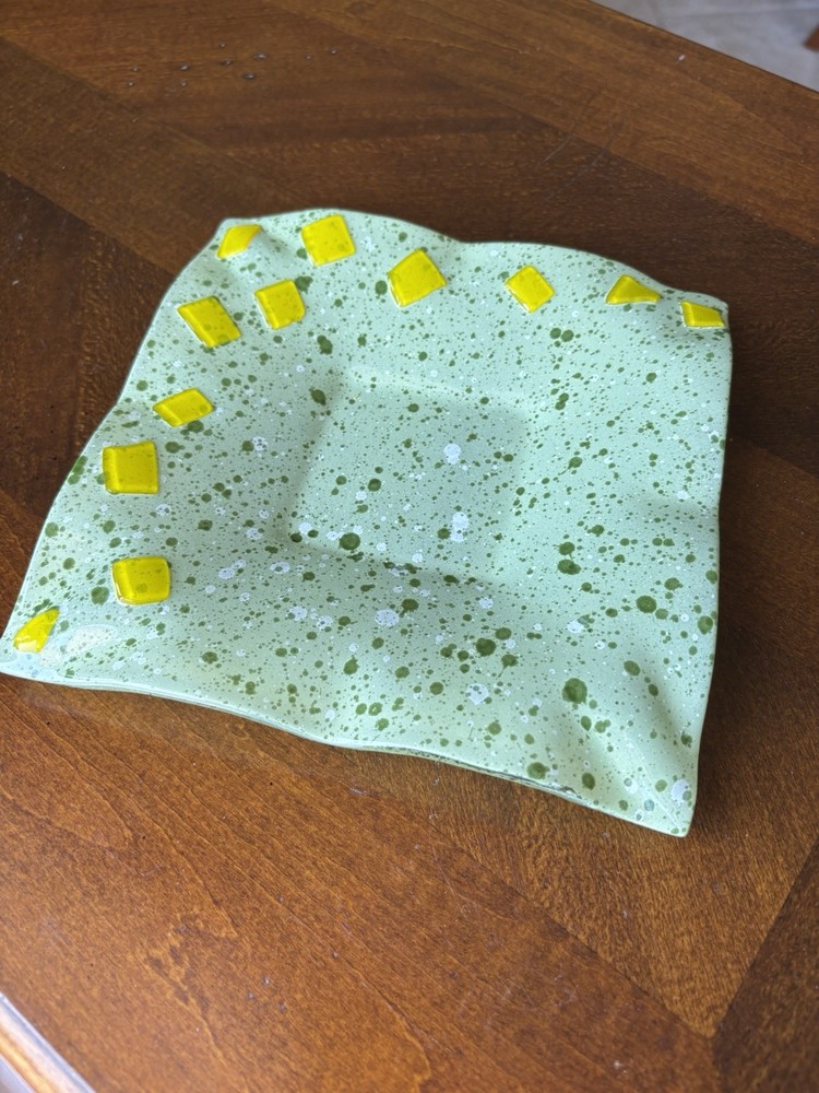 MCM Green & Yellow Fused Glass Trinket Dish