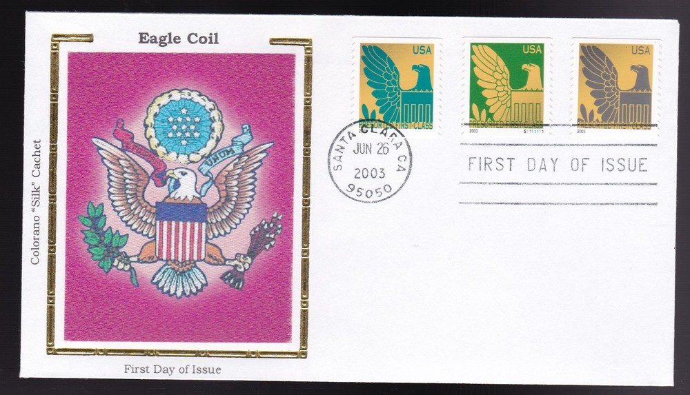 Eagle Coil Us First Day Cover 2003, Colorano Silk Cachet Fdc