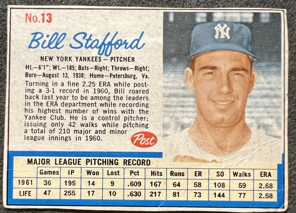 1962 Post Cereal Bill Stafford (New York Yankees) #13 Lite Crease Wrinkles