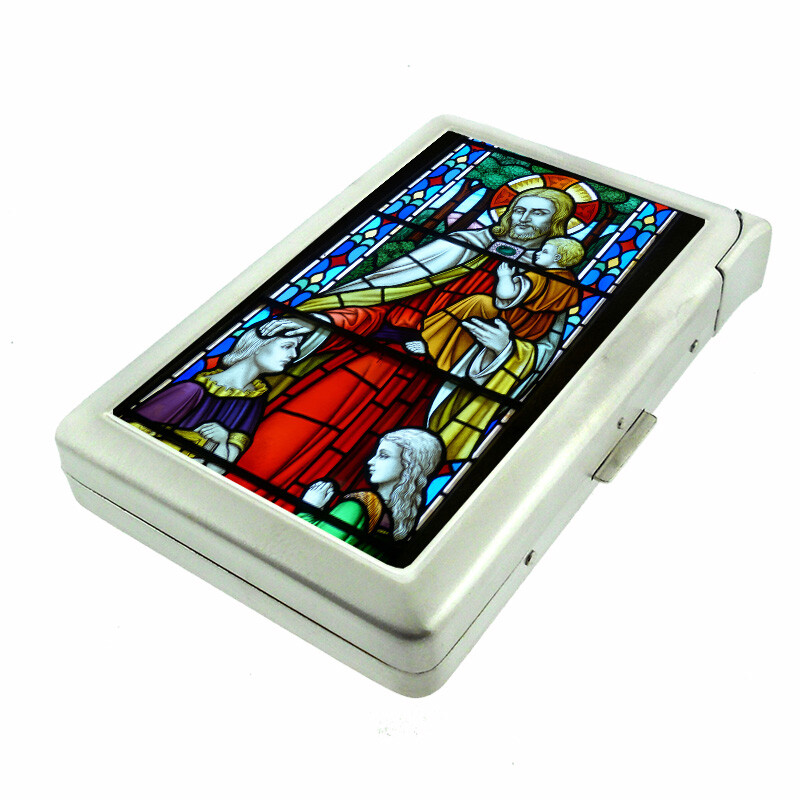 Stainglass Jesus Em1 100's Size Cigarette Case with Built in Lighter Wallet