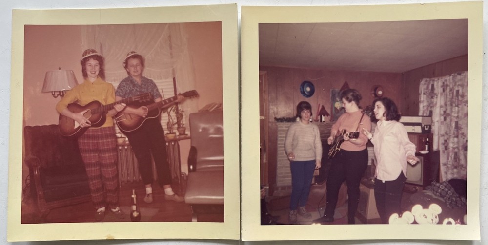 2 Vintage Photos Pretty Women Playing Guitar Fashion 1950s 60s 3.5x3.5 Snapshot