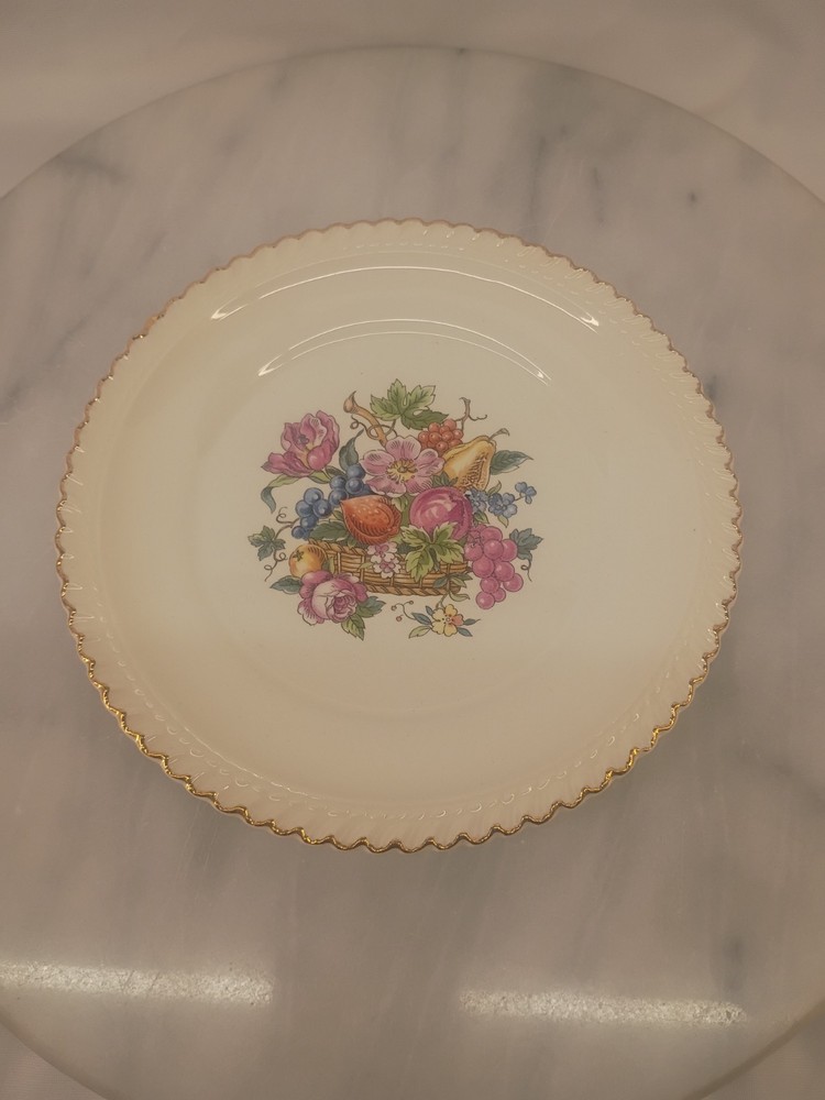 Vintage Ambrosia China 22KT. GOLD TRIM 6.25” Dessert Plate Basket With Flowers