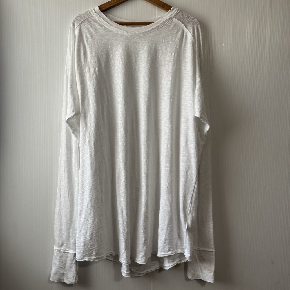 We The Free Free People Women White Slub Knit Long Sleeve Top Oversized Raw HemL