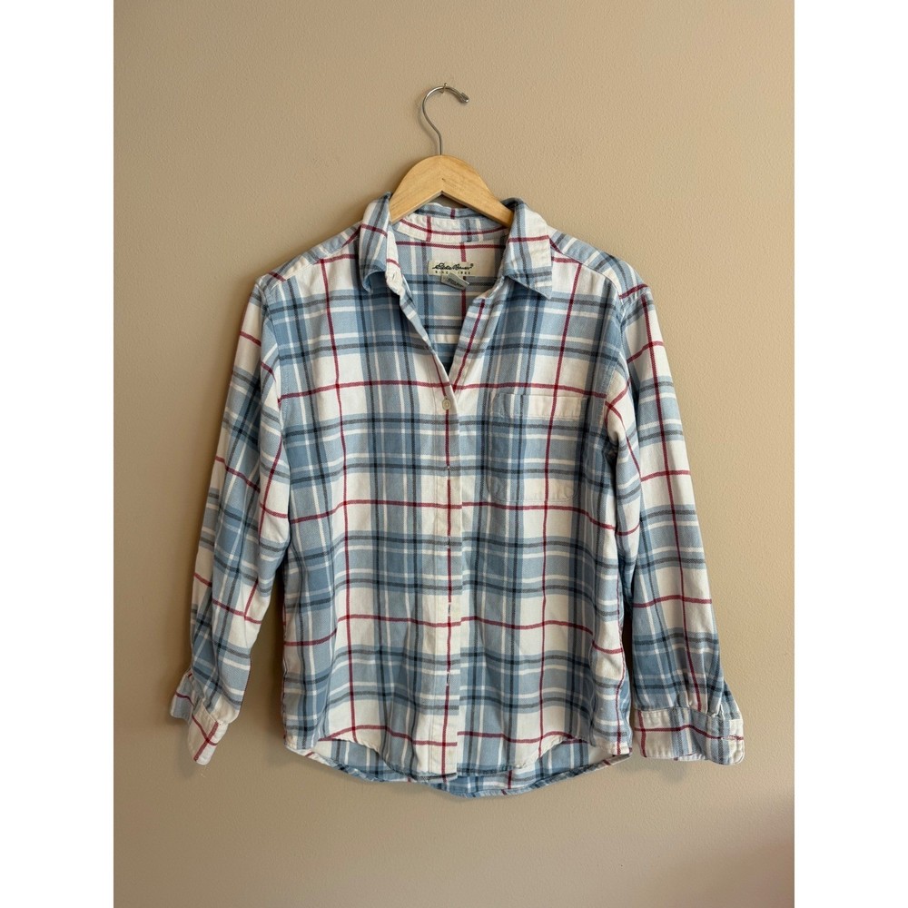 Patriotic Womens Plaid Flannel Shirt Blue White Red Cotton Button Down Size M