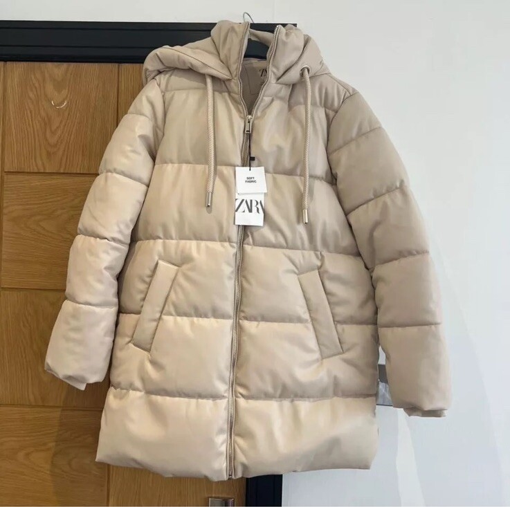 ZARA   ECRU FAUX LEATHER HOODED PUFFER COAT WITH ZIPPED POCKETS SIZE XS