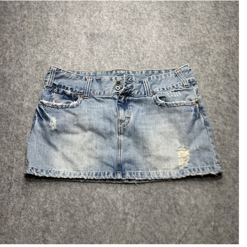 American Eagle Outfitters Distressed Denim Mini Skirt Blue Button Pockets 14