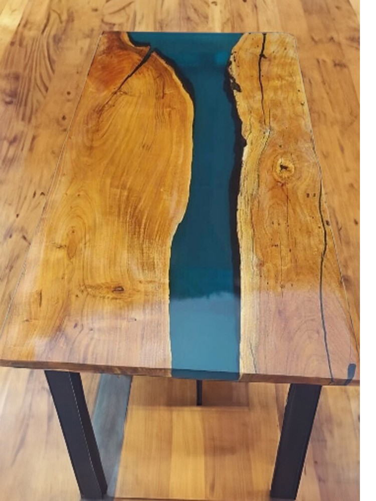 Epoxy Blue Kitchen Countertop Dining Table with Acacia Wood Handcrafted Furniture
