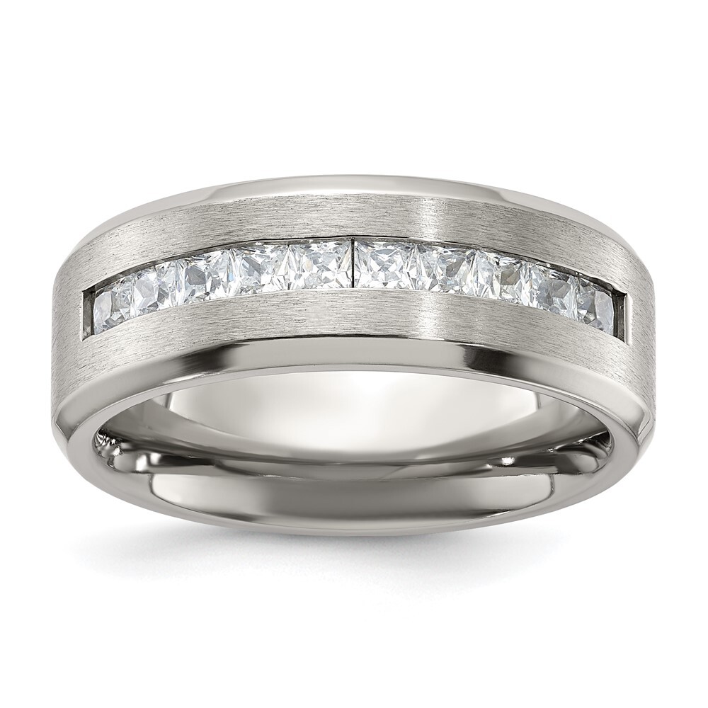 Titanium Brushed & Polished Cubic Zirconia 8mm Band Ring Size 12 for Men 5.57gm