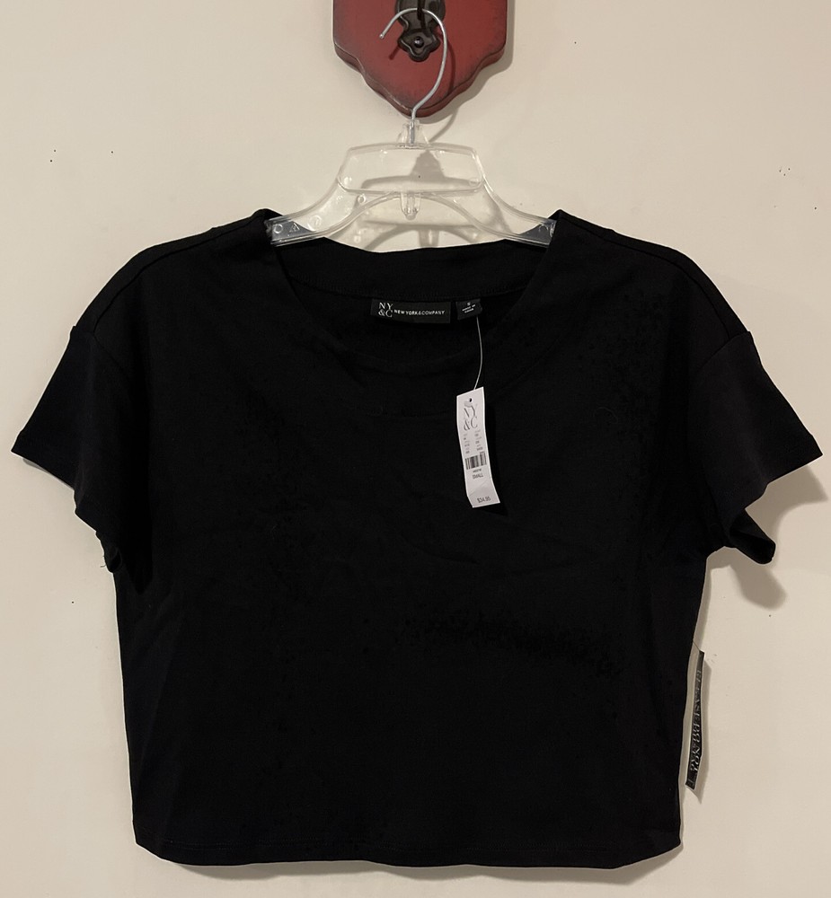 New York Company Women Small Black Cropped Short Sleeve Cotton Blouse NWT! A5424