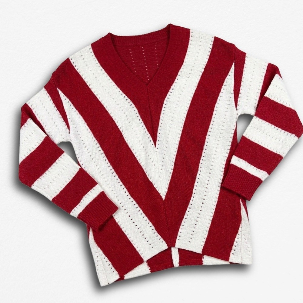 Red White Striped V-Neck Pointelle Knit Sweater Chevron Long Sleeve Pullover