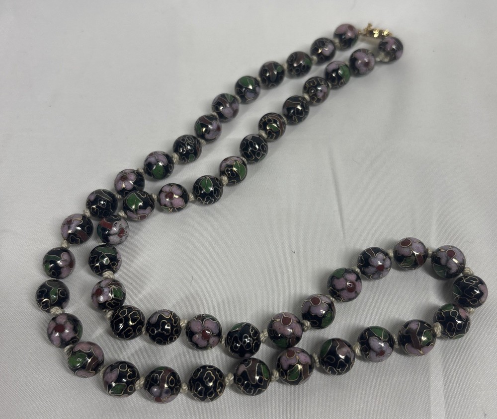 Vintage Chinese Black Cloisonne Florall Knotted Bead Necklace