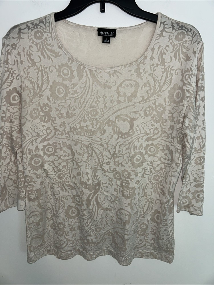Alan B By Alan Schwartz Women's L Sheer White Beige Floral 3/4 Sleeve Pull Over