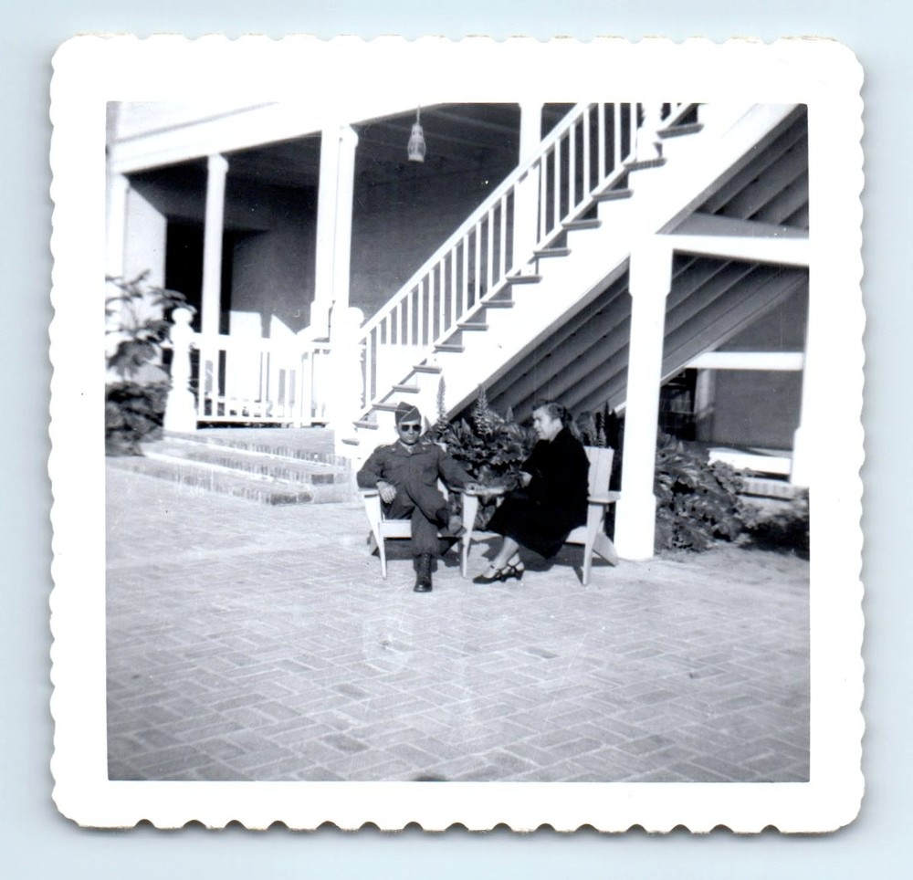 Old Vintage Square Photo WOMAN MAN ARMY SOLDIER IN UNIFORM SUNGLASSES