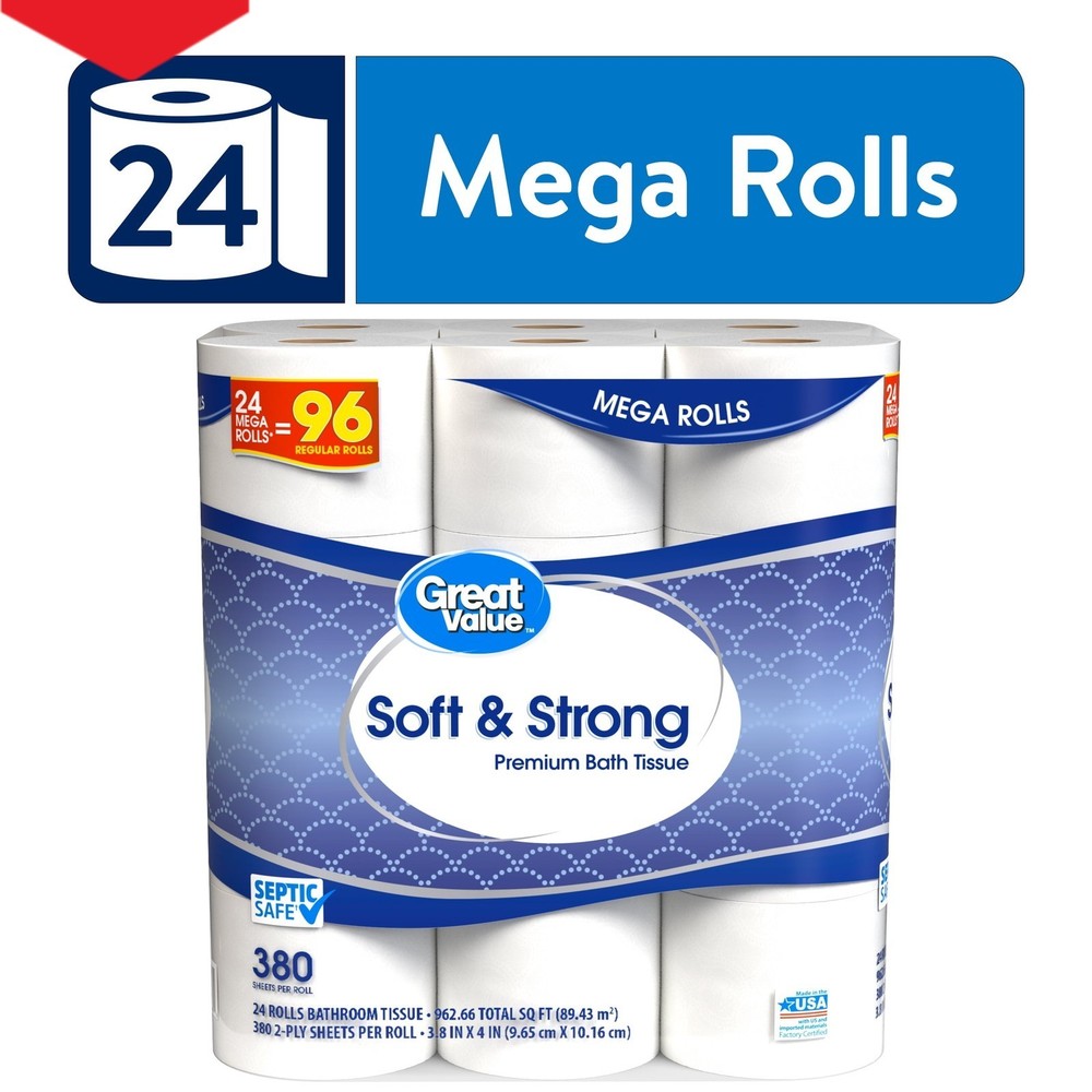 Great Value Soft Strong Premium Toilet Paper 24 Mega Rolls 380 Sheets