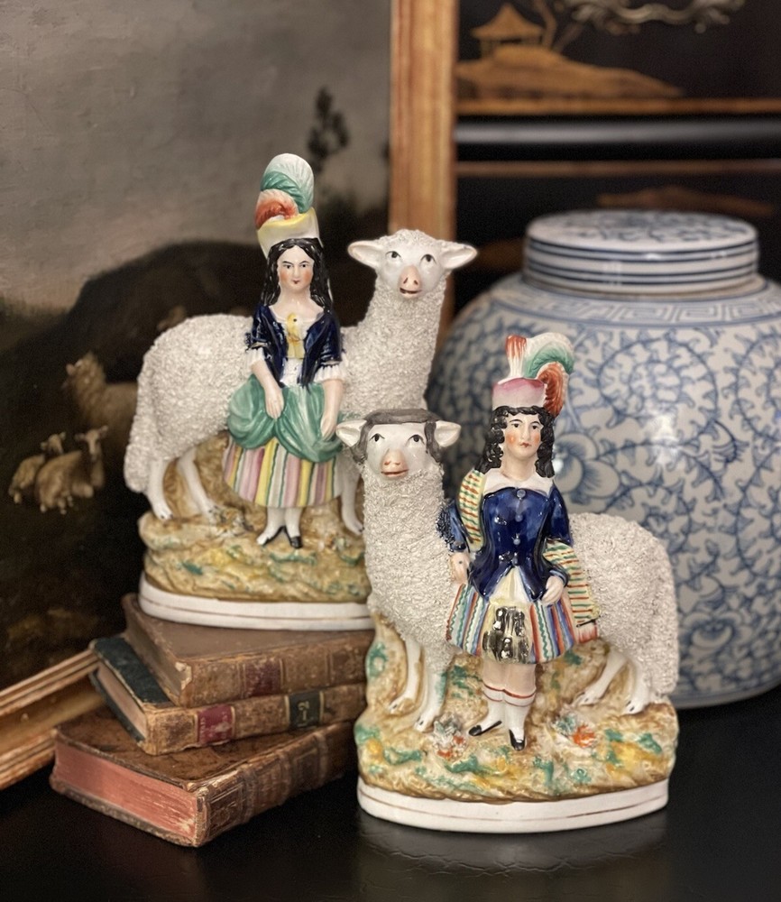 Stunning RARE 19C English Staffordshire Giant Sheep Lamb Noble Mantle Pair 8.75”